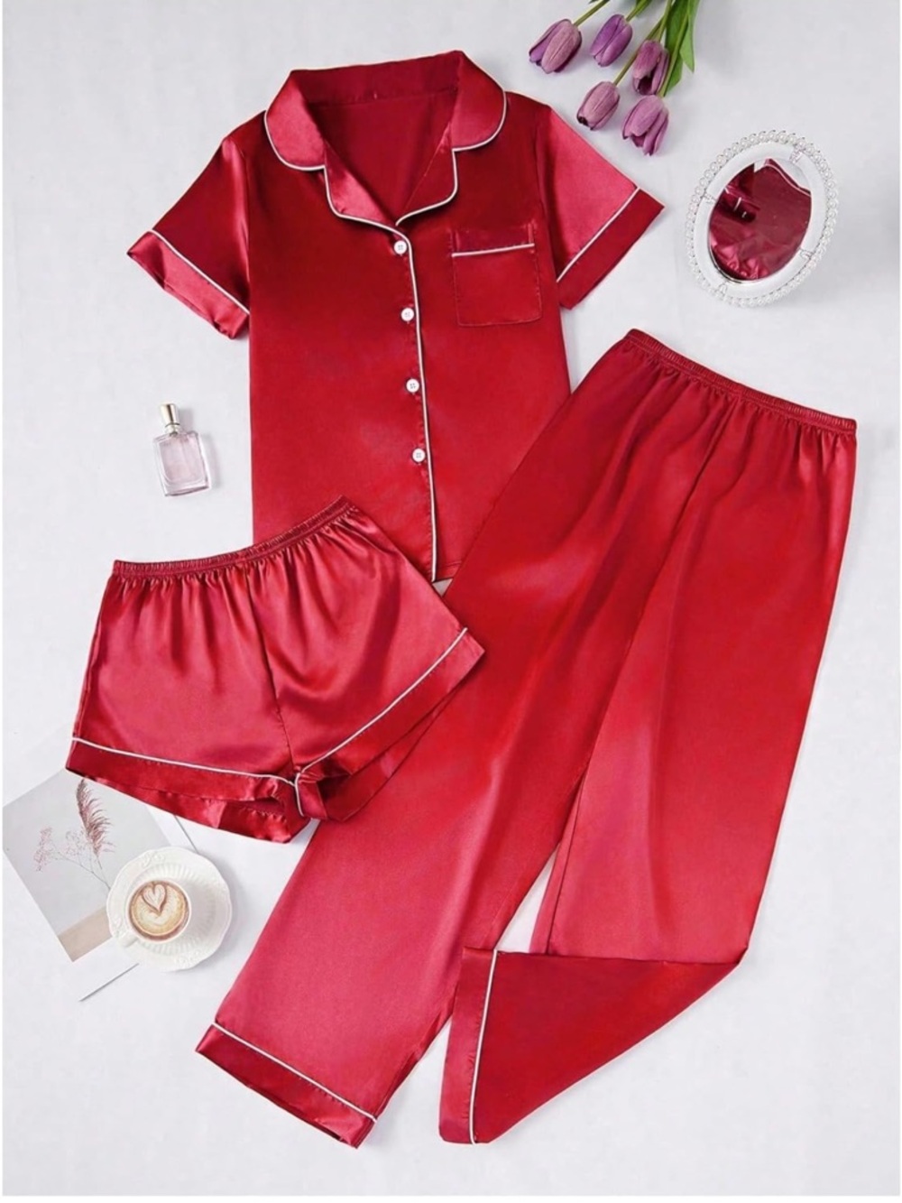 Silky Red Satin Women’s Pajama Set - Short Sleeve Top & Pants